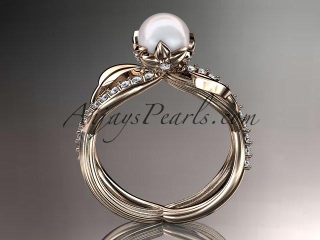 14k rose gold diamond pearl vine and leaf engagement ring AP70 - AnjaysDesigns