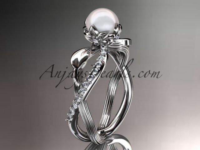 Platinum diamond pearl vine and leaf engagement ring AP70 - AnjaysDesigns