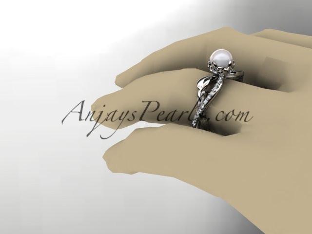 14k white gold diamond pearl vine and leaf engagement ring AP70 - AnjaysDesigns