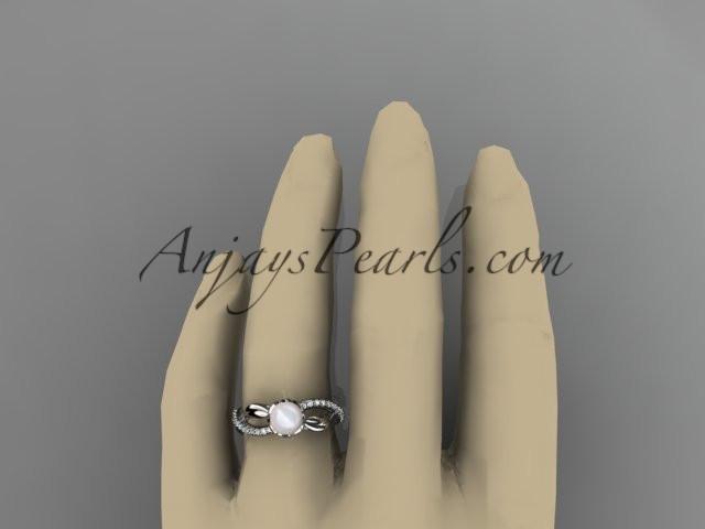 14k white gold diamond pearl vine and leaf engagement ring AP70 - AnjaysDesigns