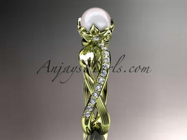 14k yellow gold diamond pearl vine and leaf engagement ring AP70 - AnjaysDesigns
