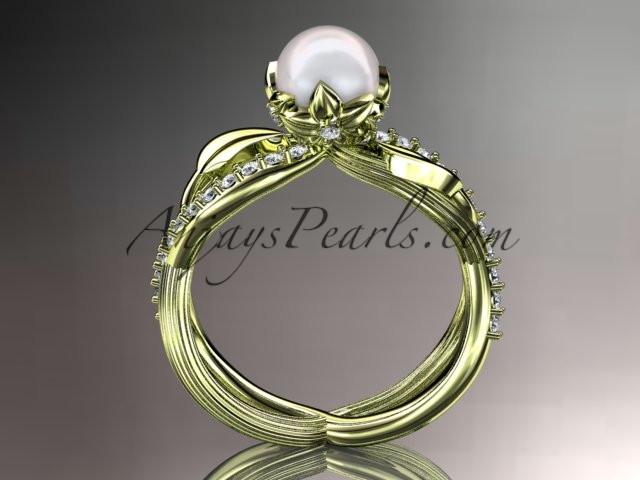 14k yellow gold diamond pearl vine and leaf engagement ring AP70 - AnjaysDesigns