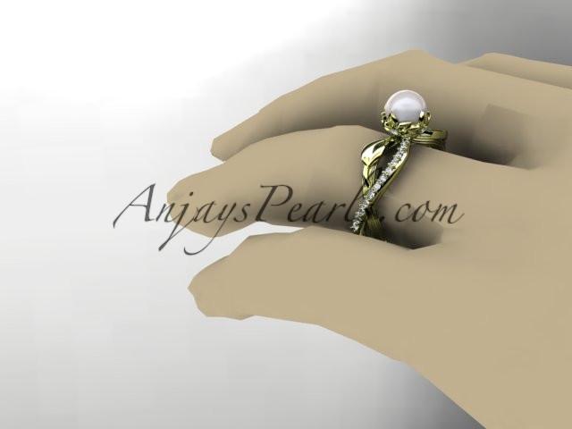 14k yellow gold diamond pearl vine and leaf engagement ring AP70 - AnjaysDesigns