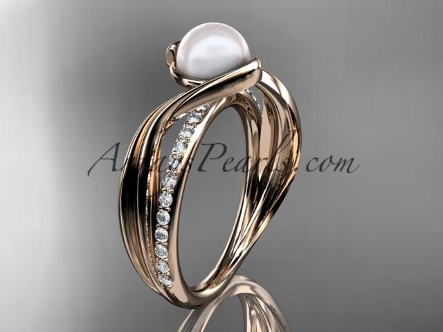 14k rose gold diamond pearl vine and leaf engagement ring AP78 - AnjaysDesigns