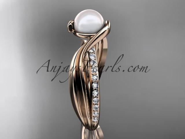 14k rose gold diamond pearl vine and leaf engagement ring AP78 - AnjaysDesigns