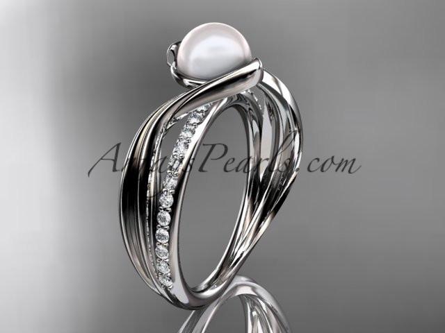 14k white gold diamond pearl vine and leaf engagement ring AP78 - AnjaysDesigns