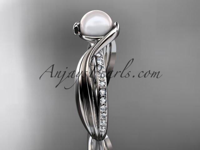 14k white gold diamond pearl vine and leaf engagement ring AP78 - AnjaysDesigns