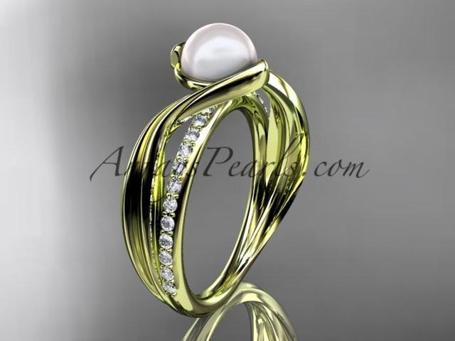 14k yellow gold diamond pearl vine and leaf engagement ring AP78 - AnjaysDesigns