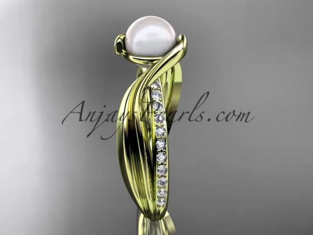 14k yellow gold diamond pearl vine and leaf engagement ring AP78 - AnjaysDesigns