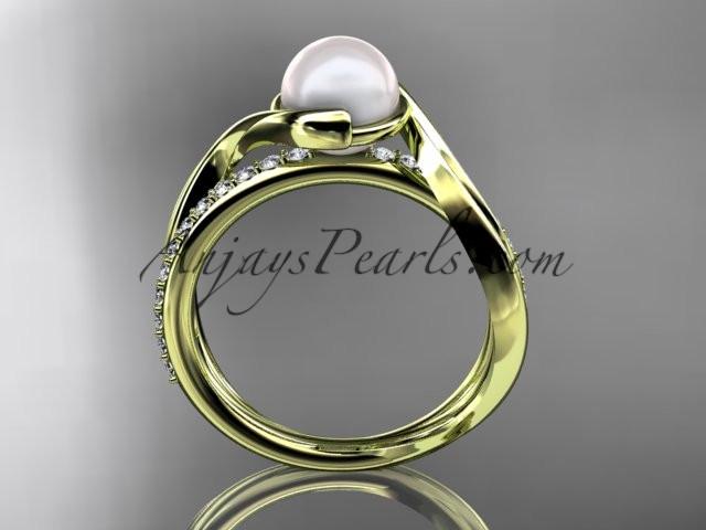 14k yellow gold diamond pearl vine and leaf engagement ring AP78 - AnjaysDesigns