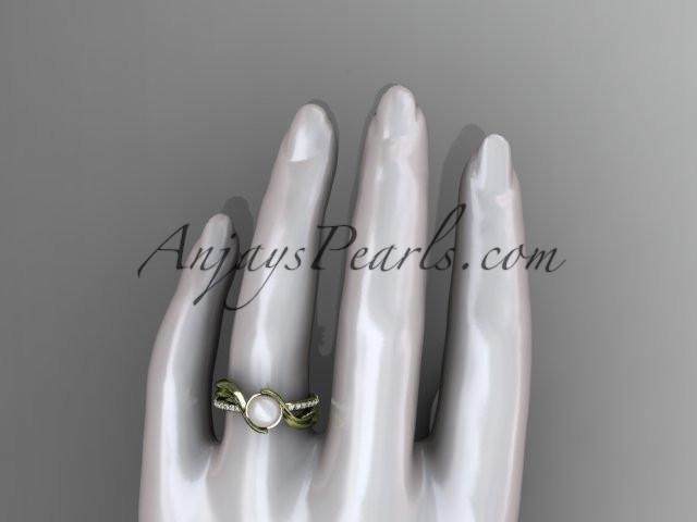 14k yellow gold diamond pearl vine and leaf engagement ring AP78 - AnjaysDesigns