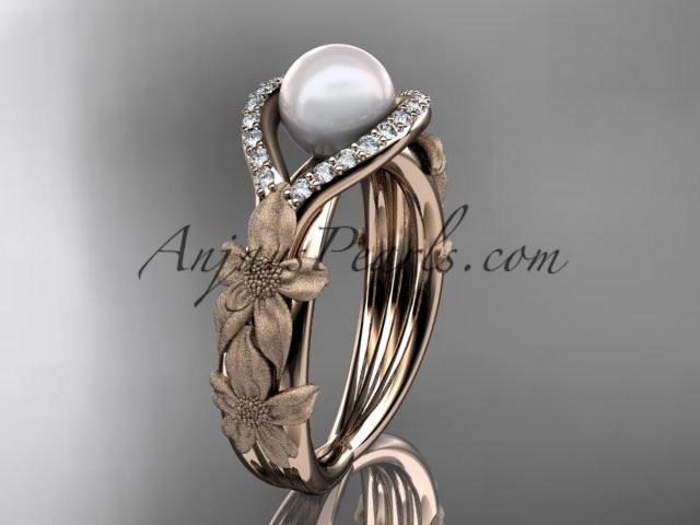14k rose gold diamond pearl vine and leaf engagement ring AP85 - AnjaysDesigns