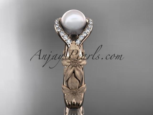 14k rose gold diamond pearl vine and leaf engagement ring AP85 - AnjaysDesigns
