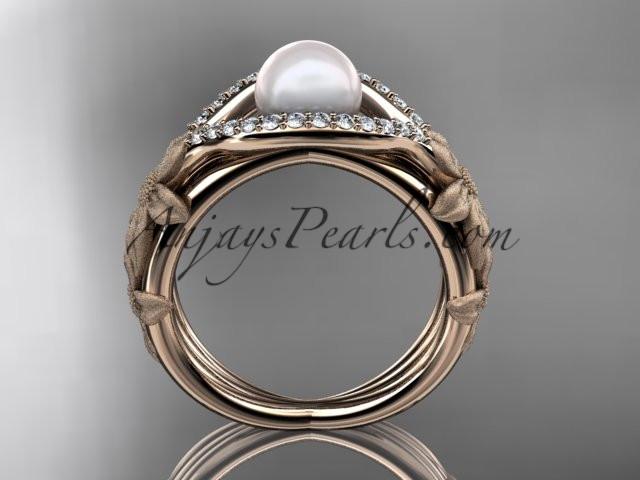 14k rose gold diamond pearl vine and leaf engagement ring AP85 - AnjaysDesigns