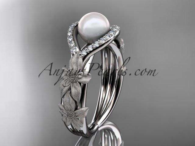 platinum diamond pearl vine and leaf engagement ring AP85 - AnjaysDesigns