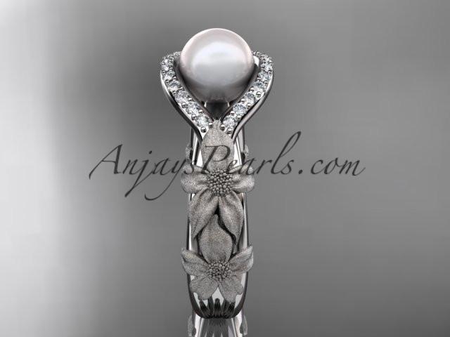 14k white gold diamond pearl vine and leaf engagement ring AP85 - AnjaysDesigns