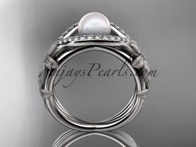 14k white gold diamond pearl vine and leaf engagement ring AP85 - AnjaysDesigns