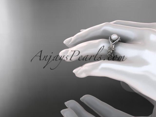 platinum diamond pearl vine and leaf engagement ring AP85 - AnjaysDesigns