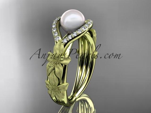 14k yellow gold diamond pearl vine and leaf engagement ring AP85 - AnjaysDesigns