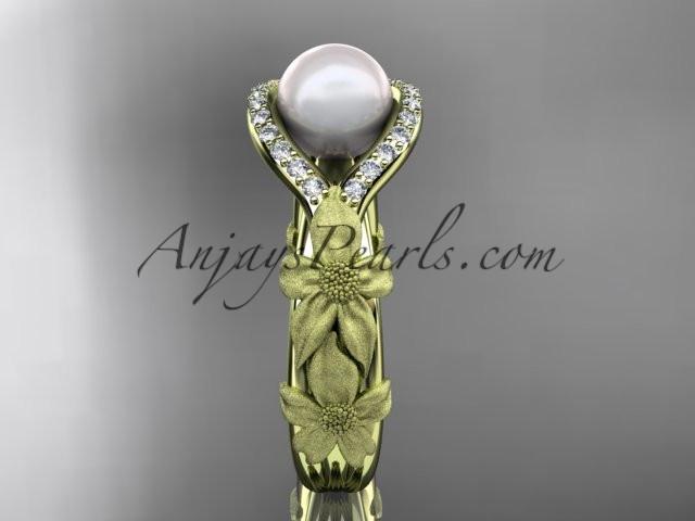 14k yellow gold diamond pearl vine and leaf engagement ring AP85 - AnjaysDesigns