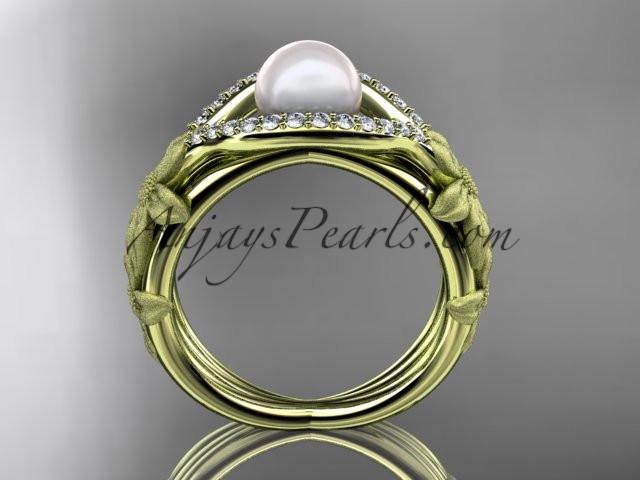 14k yellow gold diamond pearl vine and leaf engagement ring AP85 - AnjaysDesigns