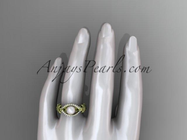 14k yellow gold diamond pearl vine and leaf engagement ring AP85 - AnjaysDesigns