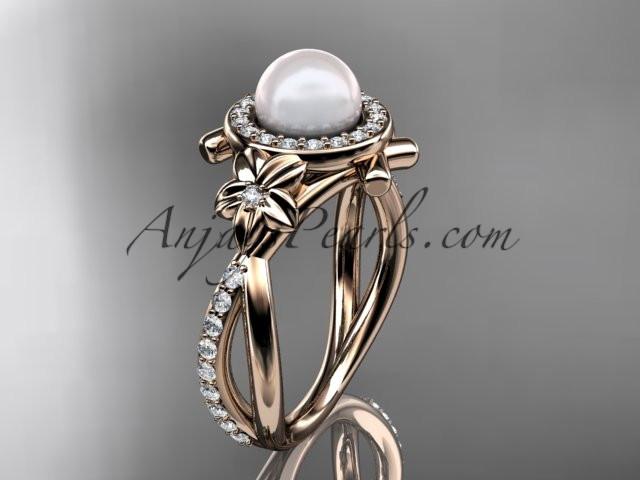 14k rose gold diamond pearl vine and leaf engagement ring AP89 - AnjaysDesigns