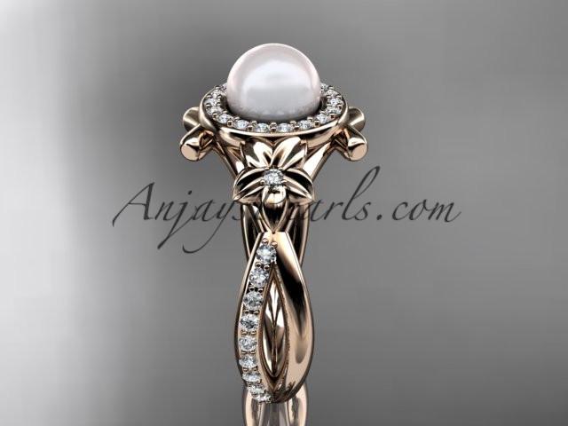 14k rose gold diamond pearl vine and leaf engagement ring AP89 - AnjaysDesigns