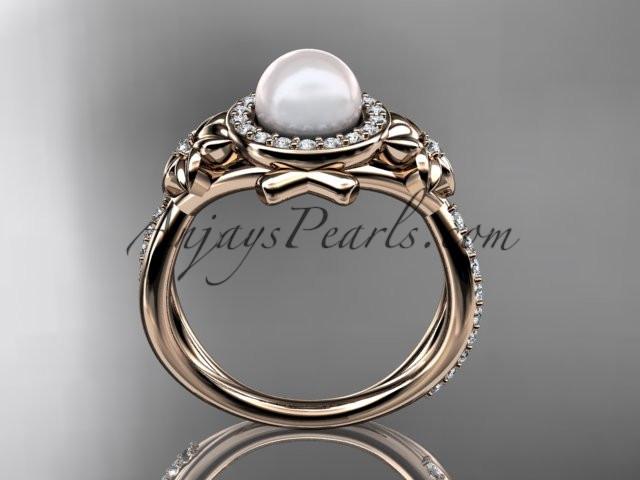 14k rose gold diamond pearl vine and leaf engagement ring AP89 - AnjaysDesigns