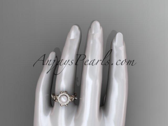 14k rose gold diamond pearl vine and leaf engagement ring AP89 - AnjaysDesigns