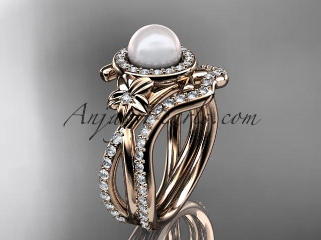 14k rose gold diamond pearl vine and leaf engagement set AP89S - AnjaysDesigns