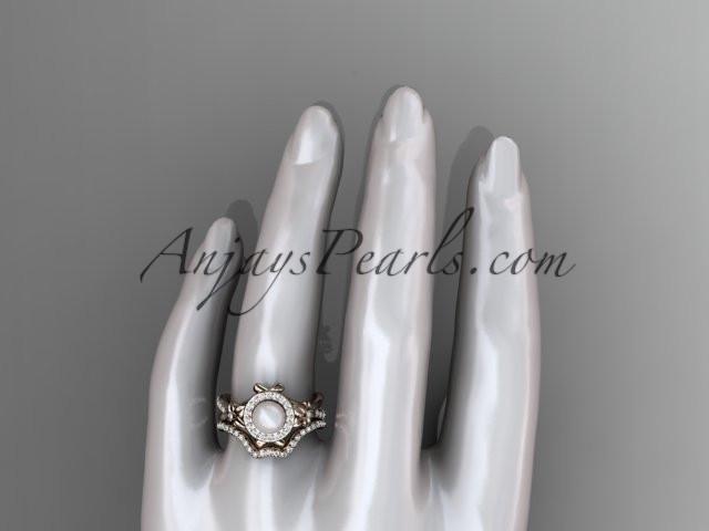 14k rose gold diamond pearl vine and leaf engagement set AP89S - AnjaysDesigns