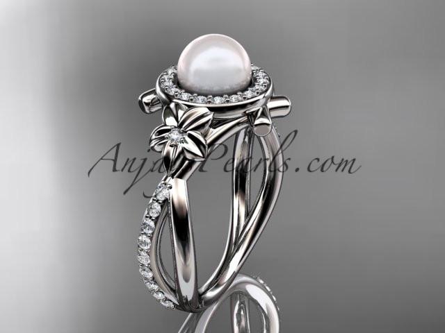 14k white gold diamond pearl vine and leaf engagement ring AP89 - AnjaysDesigns