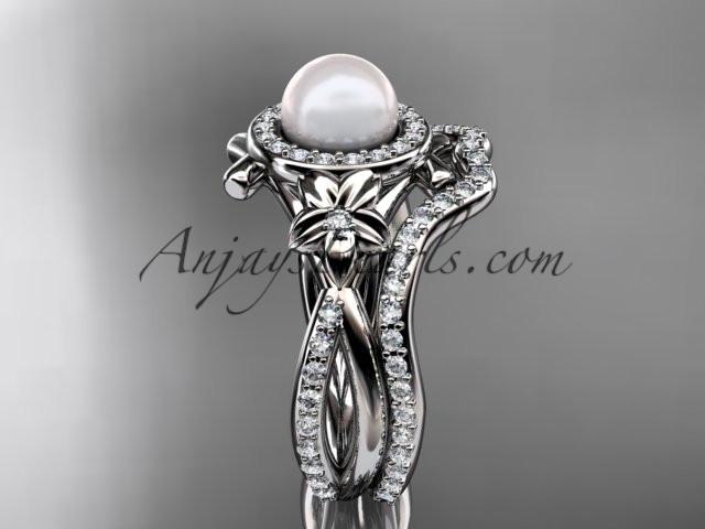 Platinum diamond pearl vine and leaf engagement set AP89S - AnjaysDesigns