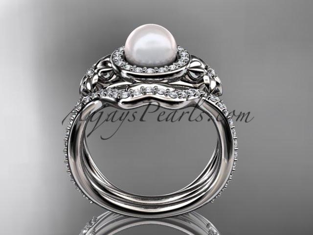 Platinum diamond pearl vine and leaf engagement set AP89S - AnjaysDesigns
