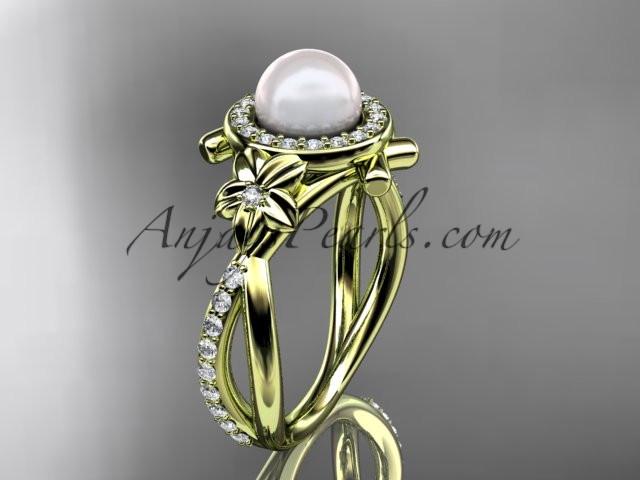 14k yellow gold diamond pearl vine and leaf engagement ring AP89 - AnjaysDesigns
