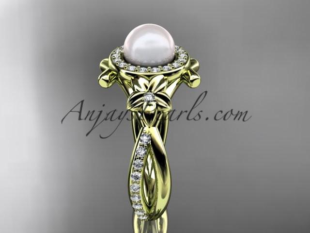 14k yellow gold diamond pearl vine and leaf engagement ring AP89 - AnjaysDesigns