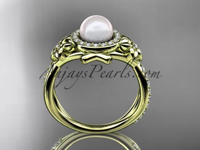 14k yellow gold diamond pearl vine and leaf engagement ring AP89 - AnjaysDesigns