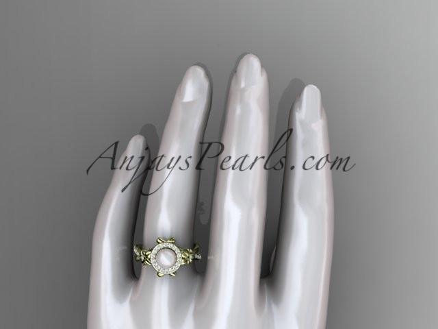 14k yellow gold diamond pearl vine and leaf engagement ring AP89 - AnjaysDesigns