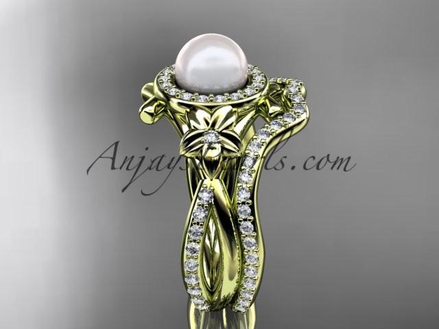 14k yellow gold diamond pearl vine and leaf engagement set AP89S - AnjaysDesigns