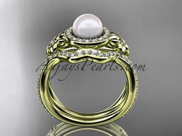 14k yellow gold diamond pearl vine and leaf engagement set AP89S - AnjaysDesigns