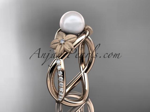 14k rose gold diamond pearl vine and leaf engagement ring AP90 - AnjaysDesigns