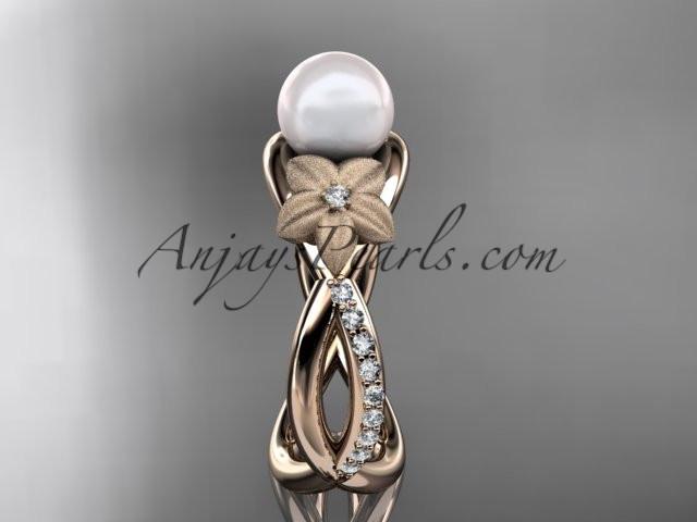 14k rose gold diamond pearl vine and leaf engagement ring AP90 - AnjaysDesigns