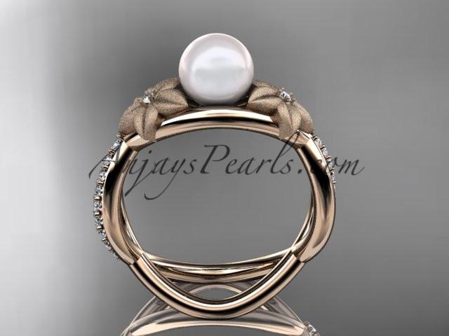 14k rose gold diamond pearl vine and leaf engagement ring AP90 - AnjaysDesigns