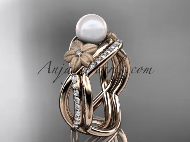 14k rose gold diamond pearl vine and leaf engagement set AP90S - AnjaysDesigns