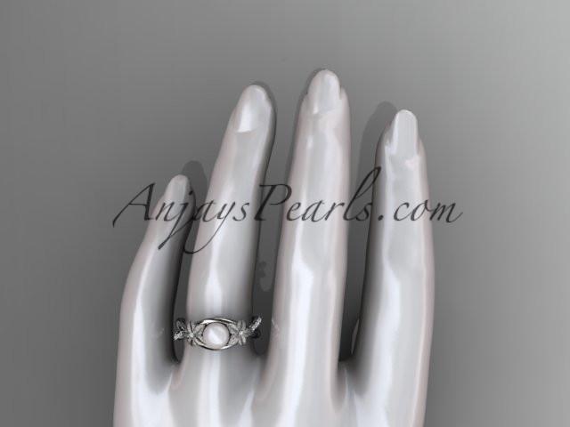 14k white gold diamond pearl vine and leaf engagement ring AP90 - AnjaysDesigns