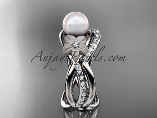 14k white gold diamond pearl vine and leaf engagement set AP90S - AnjaysDesigns