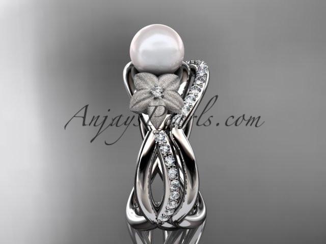 Platinum diamond pearl vine and leaf engagement set AP90S - AnjaysDesigns