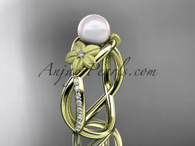 14k yellow gold diamond pearl vine and leaf engagement ring AP90 - AnjaysDesigns