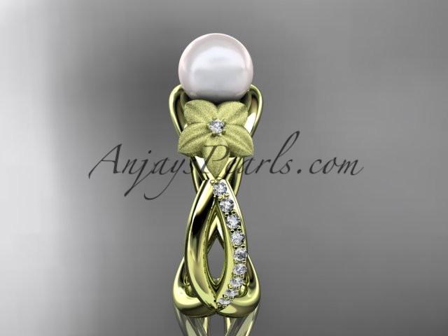 14k yellow gold diamond pearl vine and leaf engagement ring AP90 - AnjaysDesigns